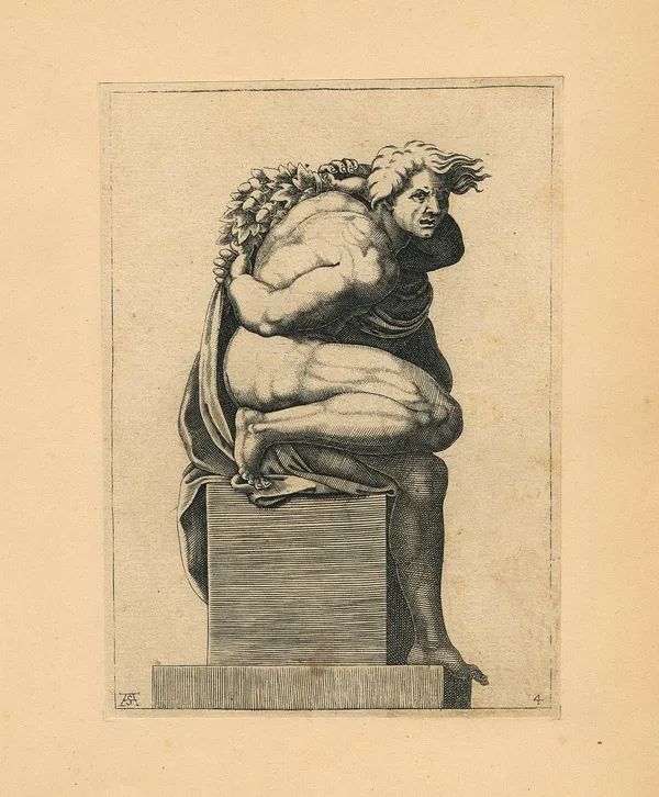 Michelangelo Buonarroti (Italian, 1475-1564)Male Nude Seated on A Pedestal (from Series of Studies from the Ceiling of The Sistine Chapel)