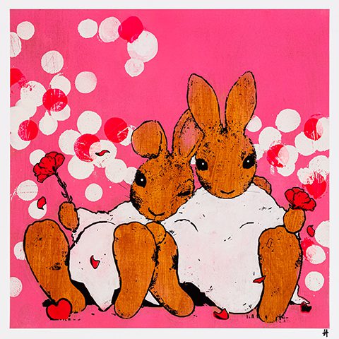 An evocative piece depicting a rabbit couple character with a mix of bright and dark hues, surrounded by a dynamic background filled with abstract patterns and shapes, reflecting Bunce's unique artistic style.