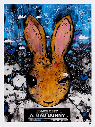 Innocent by Harry Bunce A striking painting of a rabbit with a detailed, expressive face, set against a backdrop of graffiti-like scribbles and symbols, capturing a mix of innocence and social commentary.