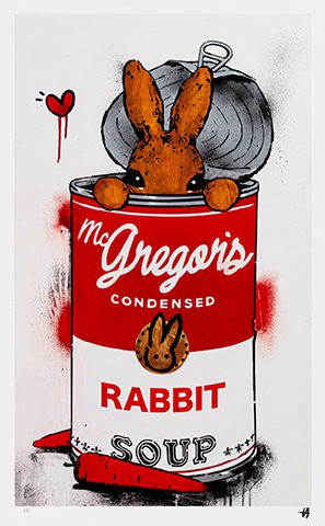 In the Soup - Red by Harry Bunce An imaginative artwork featuring a rabbit peeking out from a red soup can labeled "McGregor's Condensed Rabbit Soup," blending pop art elements with Bunce's characteristic whimsy and social critique.