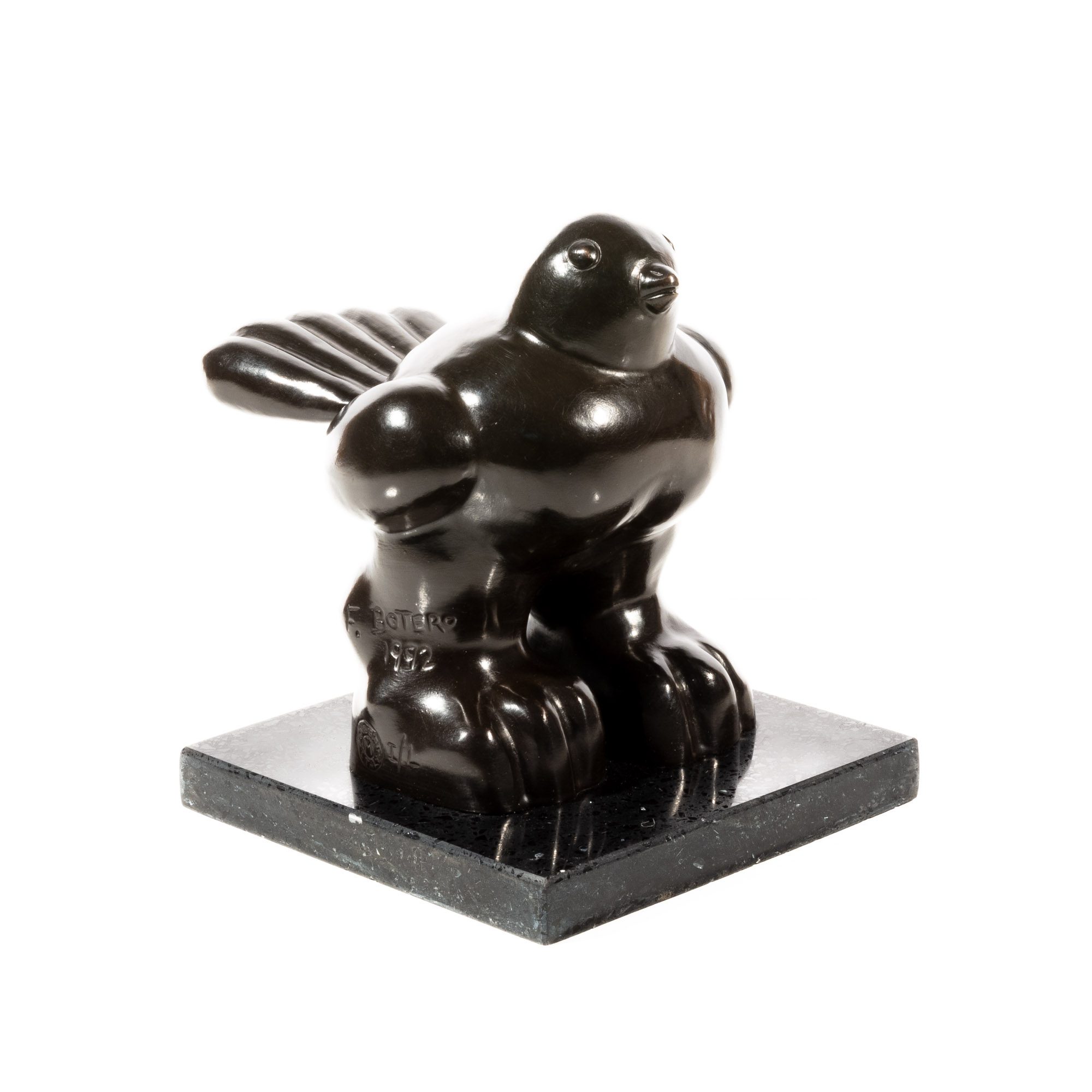 Fernando Botero's Small Bird bronze sculpture, 1992. Features a stout bird with exaggerated, plump form, perched atop a sleek marble base. Signed and studio stamped.