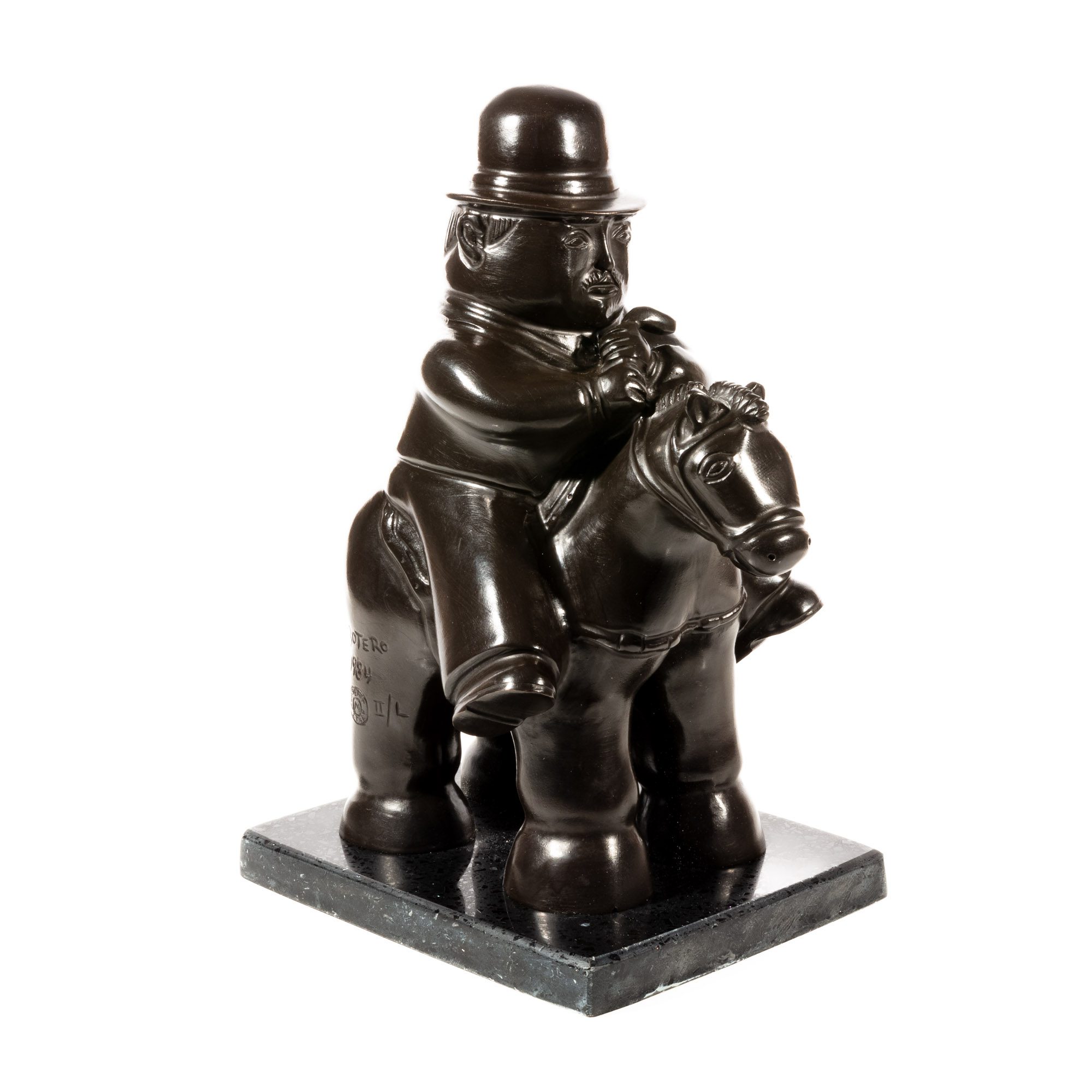 Fernando Botero's 1984 bronze sculpture, Man on Horse, featuring a robust man and horse, both depicted with exaggerated forms typical of Botero's style, on a marble base.