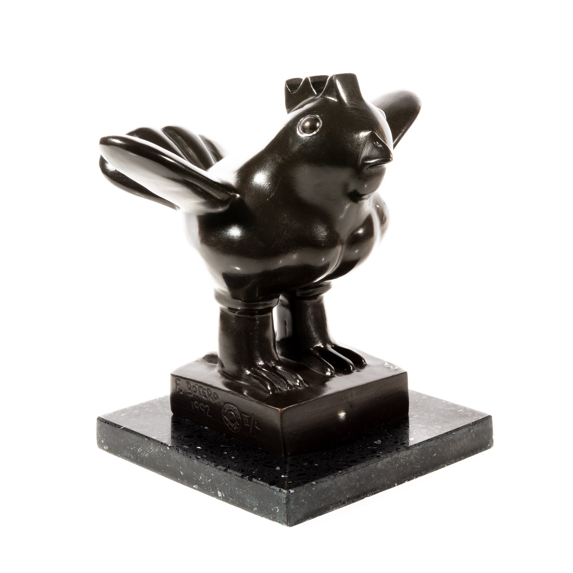 1992 Fernando Botero bronze sculpture titled Small Bird 2. This artwork features a chubby bird with an expressive pose, mounted on a polished marble base, signed and studio stamped.