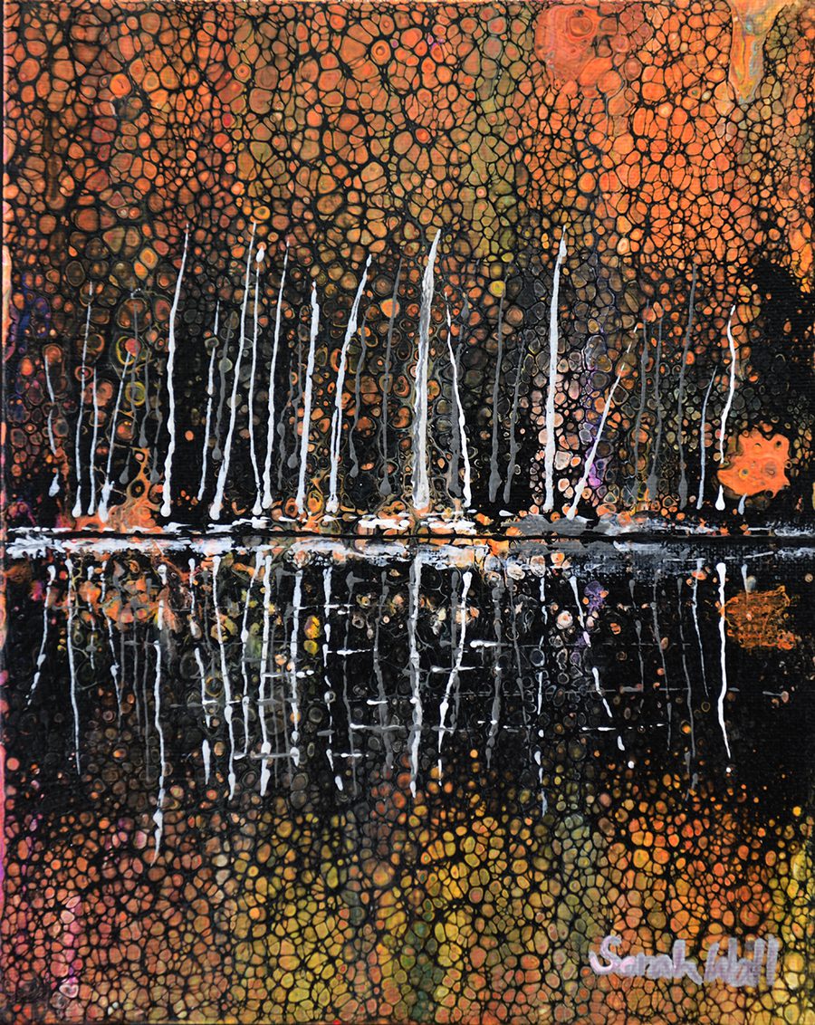 beautiful painting by Sarah Wall forest of orange fall tone trees