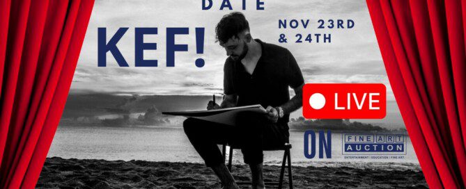 the artist kef on the beach working on his art with a serene background and text overlay about his live appearance